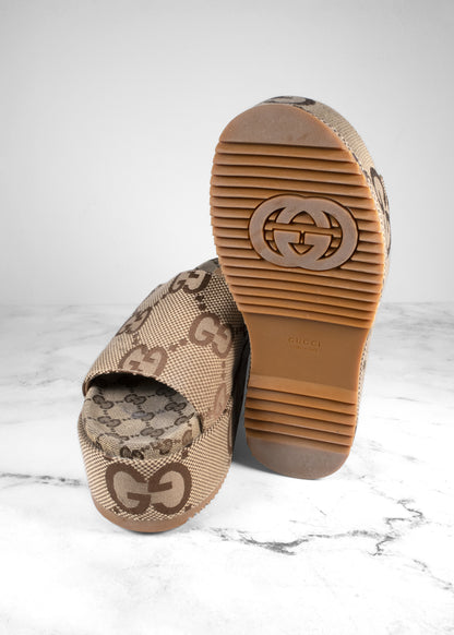 Gucci Monogram Jumbo GG Platform Slide Wedge Sandal