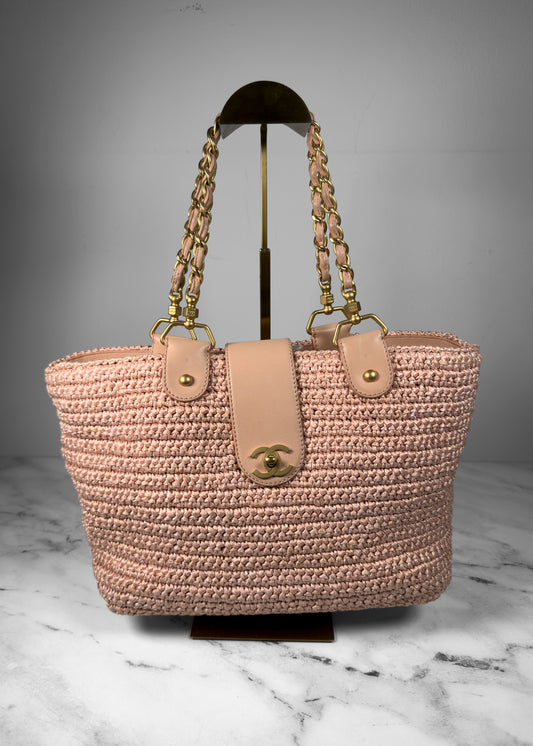 Chanel Pink Raffia Basket Tote