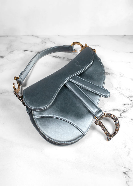 Christian Dior Satin Crystal Mini Saddle Bag Blue Gray