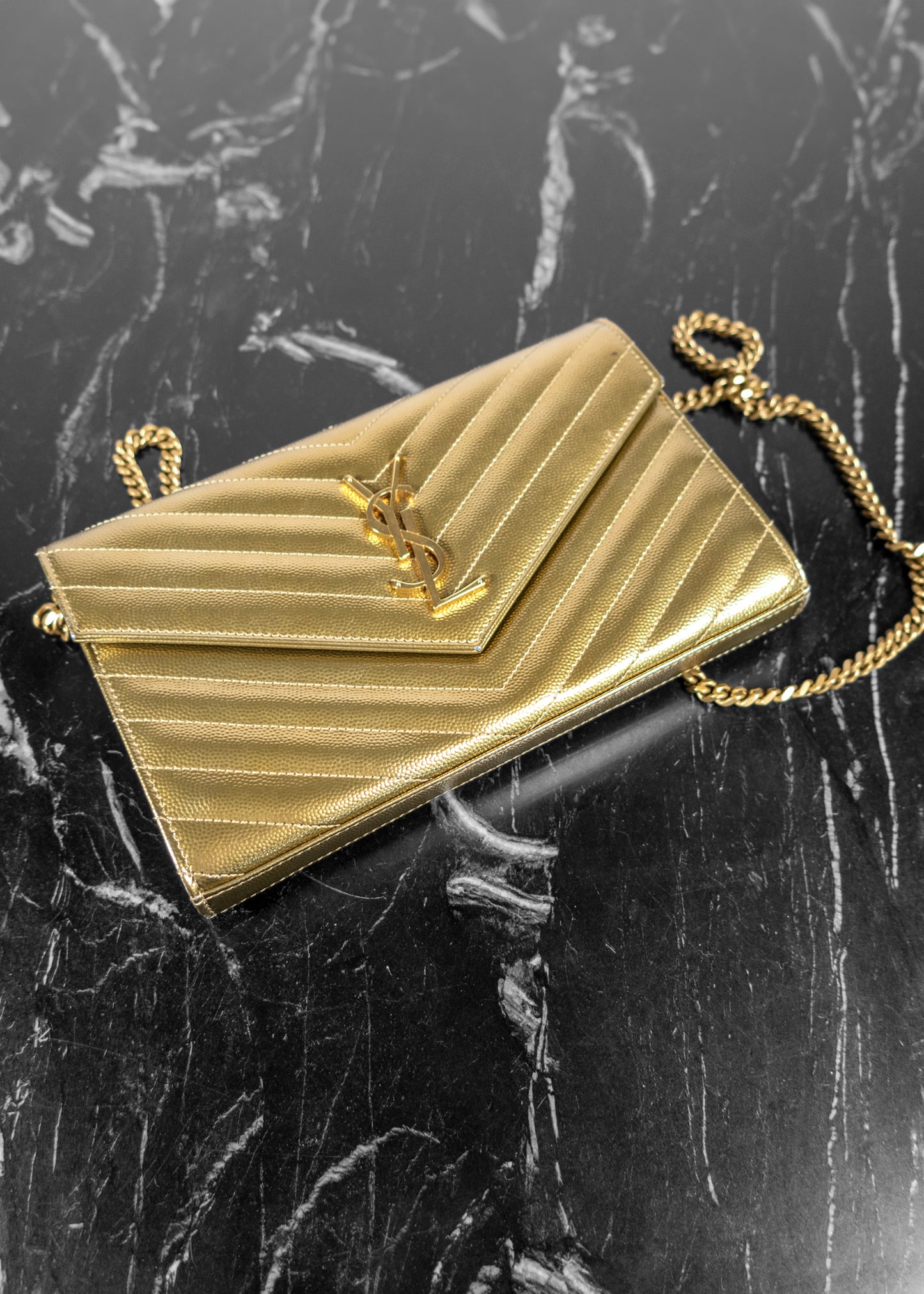 Saint Laurent Metallic Calfskin Matelasse Chevron Monogram Envelope Chain Wallet