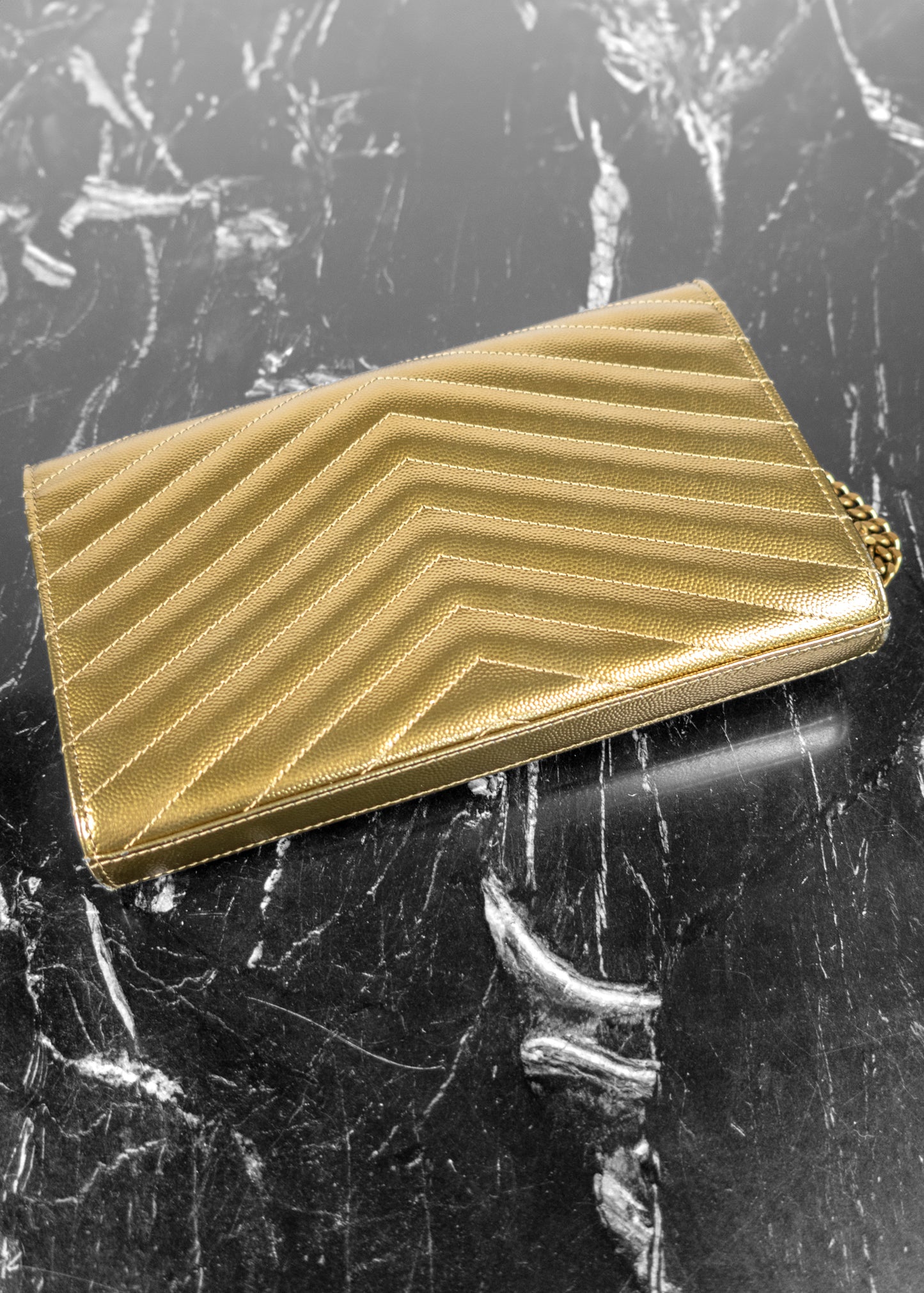 Saint Laurent Metallic Calfskin Matelasse Chevron Monogram Envelope Chain Wallet