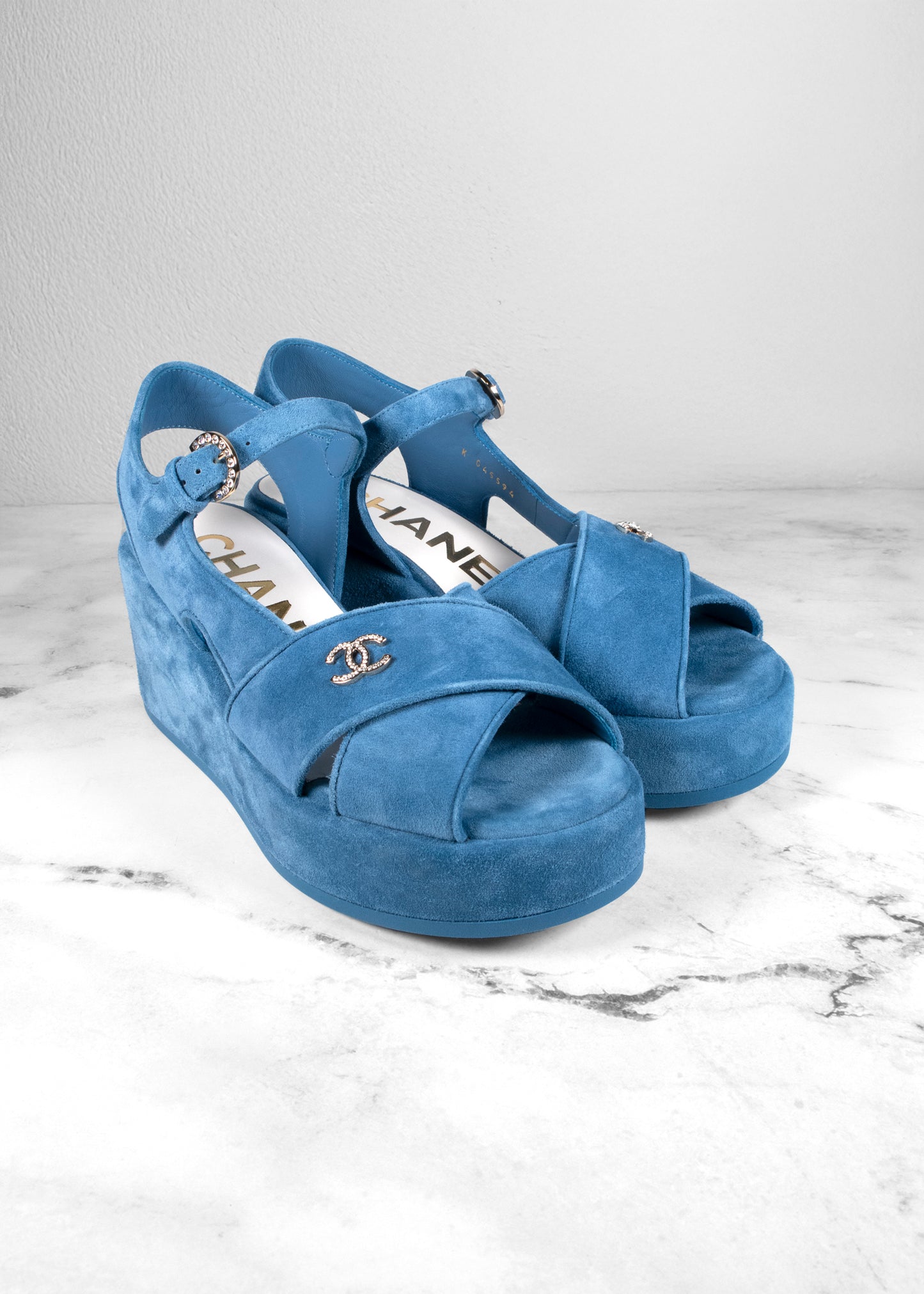 Chanel Open Toe Platform Blue Suede Sandals