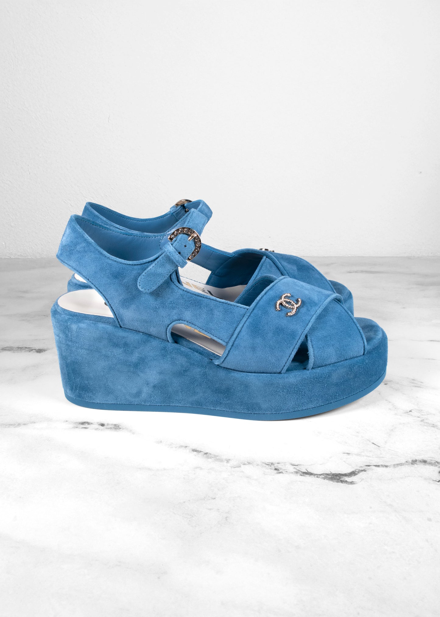 Chanel Open Toe Platform Blue Suede Sandals