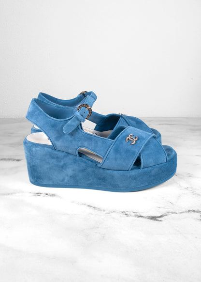 Chanel Open Toe Platform Blue Suede Sandals