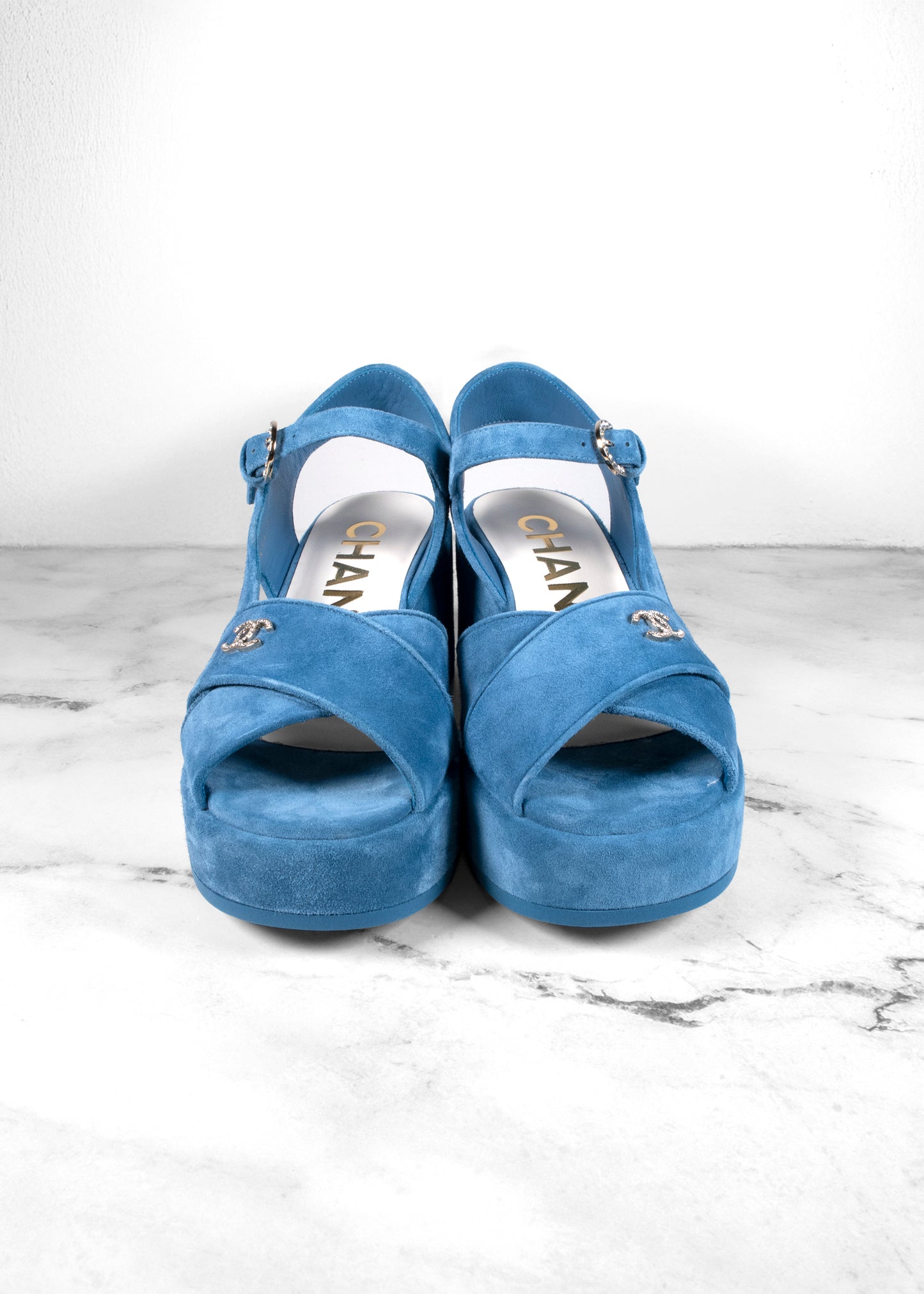 Chanel Open Toe Platform Blue Suede Sandals