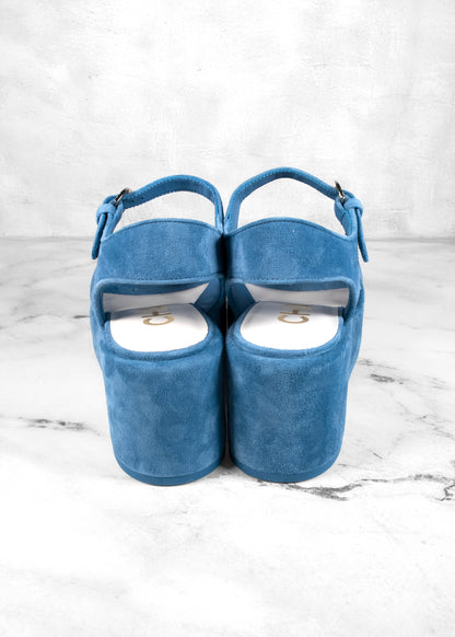 Chanel Open Toe Platform Blue Suede Sandals