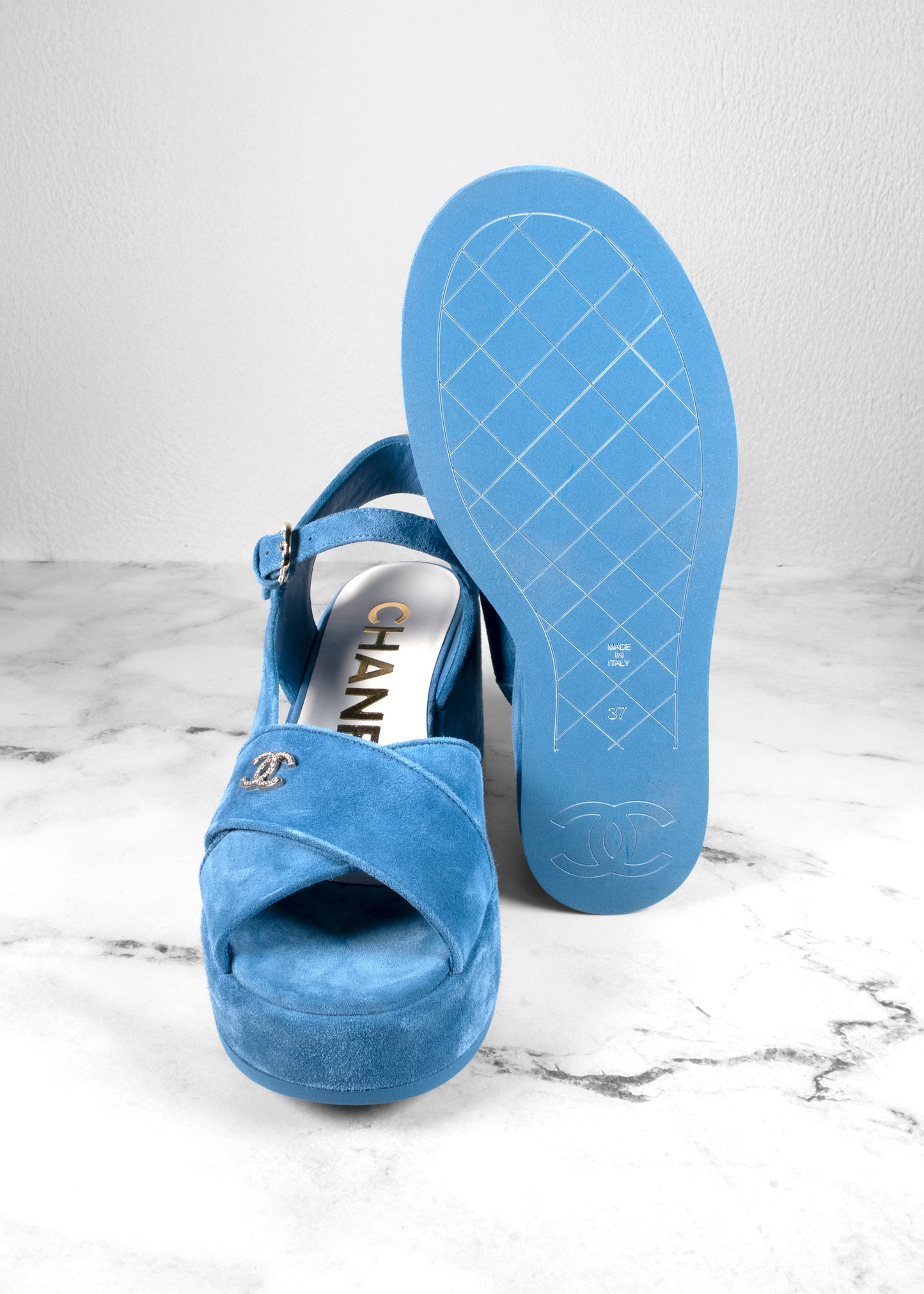 Chanel Open Toe Platform Blue Suede Sandals