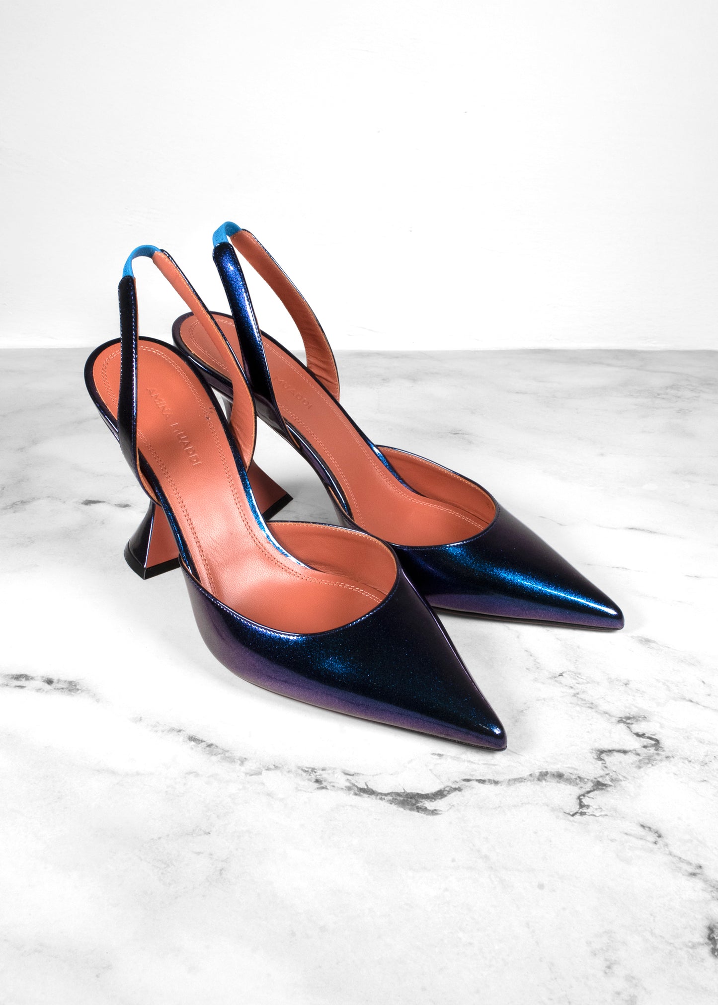 Amina Muaddi Chrome Patent Slingback Pumps