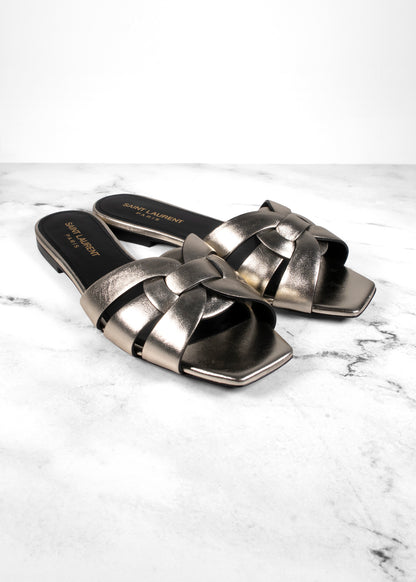 Saint Laurent Tribute Nu Pieds Flat Sandals in Pale Gold Metallic Leather