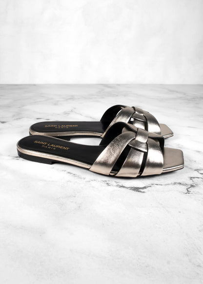 Saint Laurent Tribute Nu Pieds Flat Sandals in Pale Gold Metallic Leather