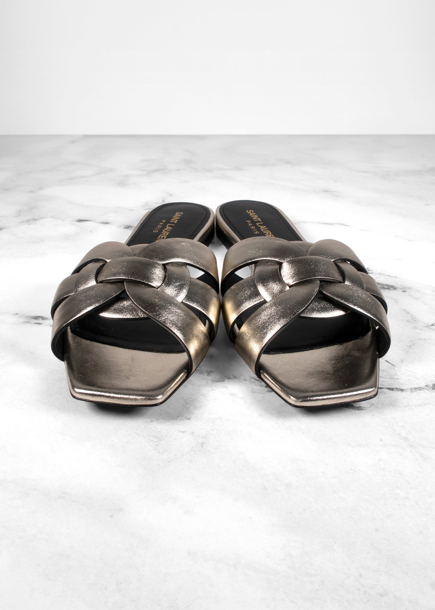 Saint Laurent Tribute Nu Pieds Flat Sandals in Pale Gold Metallic Leather