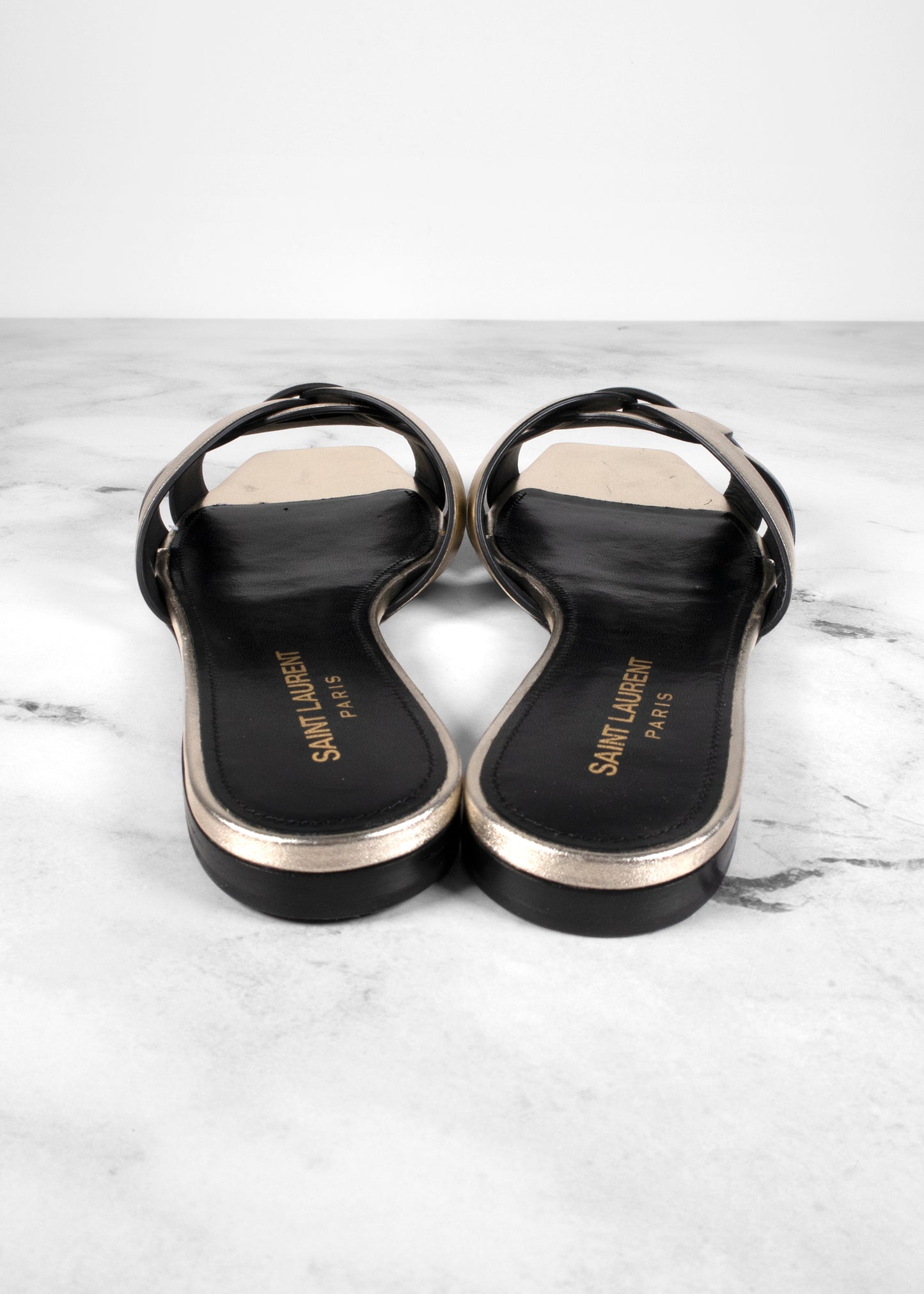 Saint Laurent Tribute Nu Pieds Flat Sandals in Pale Gold Metallic Leather