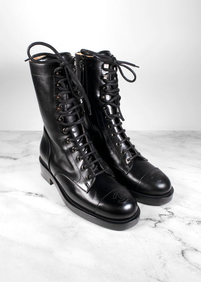 Chanel Calfskin Lace Up Combat Boots