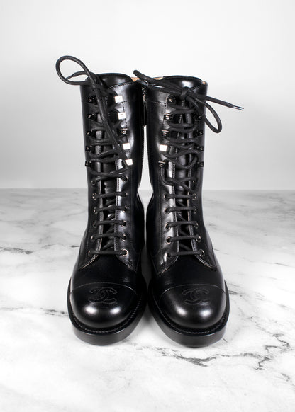 Chanel Calfskin Lace Up Combat Boots