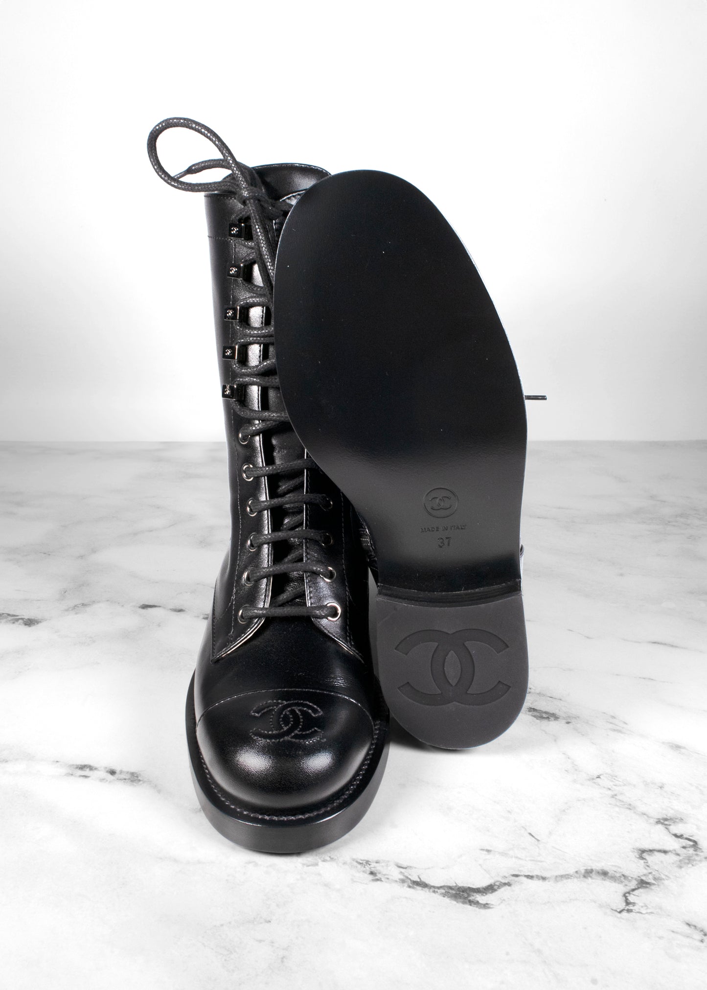 Chanel Calfskin Lace Up Combat Boots