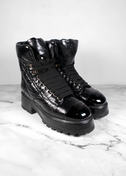 Chanel Crumpled Patent Lambskin Calfskin Quilted Lace Up Combat Boots