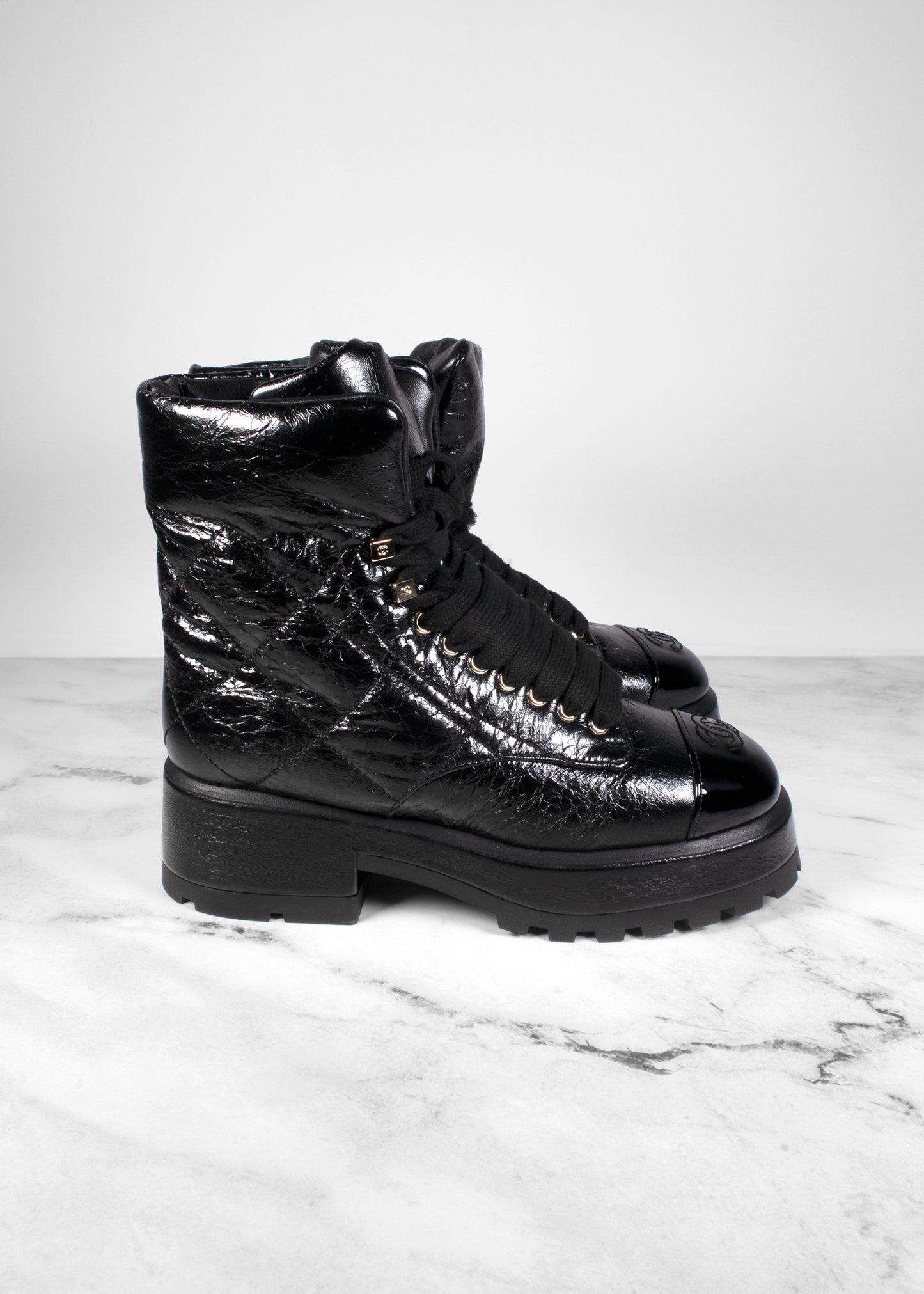 Chanel Crumpled Patent Lambskin Calfskin Quilted Lace Up Combat Boots