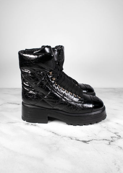 Chanel Crumpled Patent Lambskin Calfskin Quilted Lace Up Combat Boots