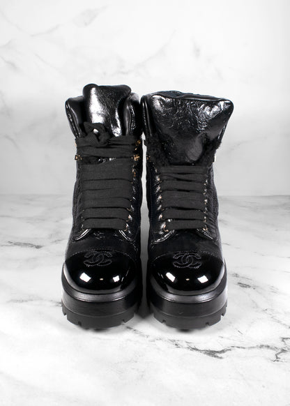 Chanel Crumpled Patent Lambskin Calfskin Quilted Lace Up Combat Boots