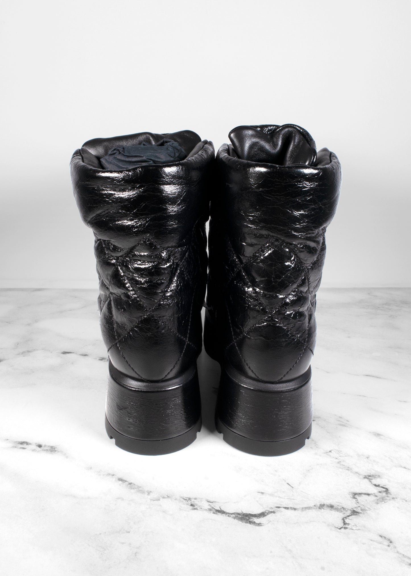 Chanel Crumpled Patent Lambskin Calfskin Quilted Lace Up Combat Boots