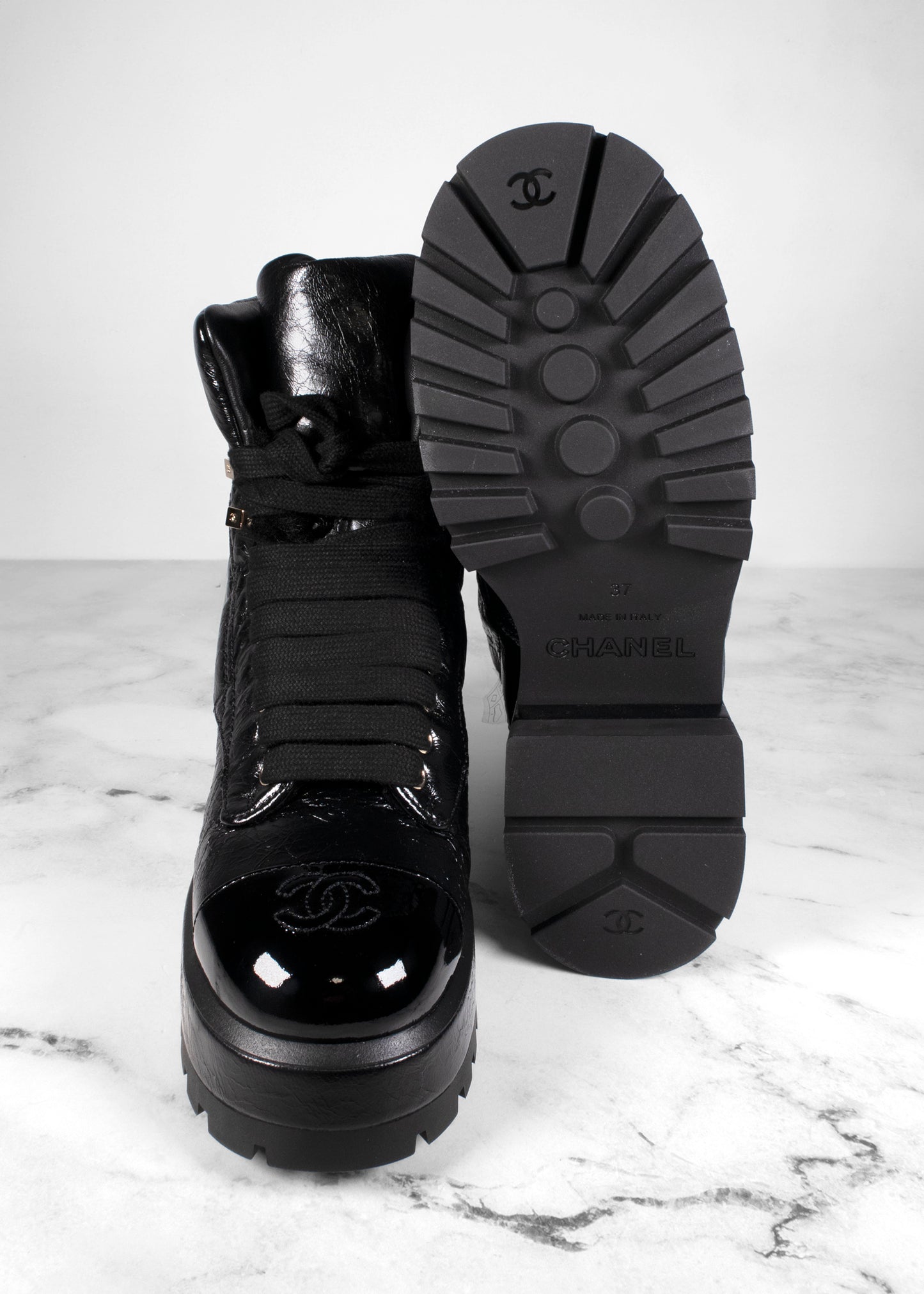 Chanel Crumpled Patent Lambskin Calfskin Quilted Lace Up Combat Boots