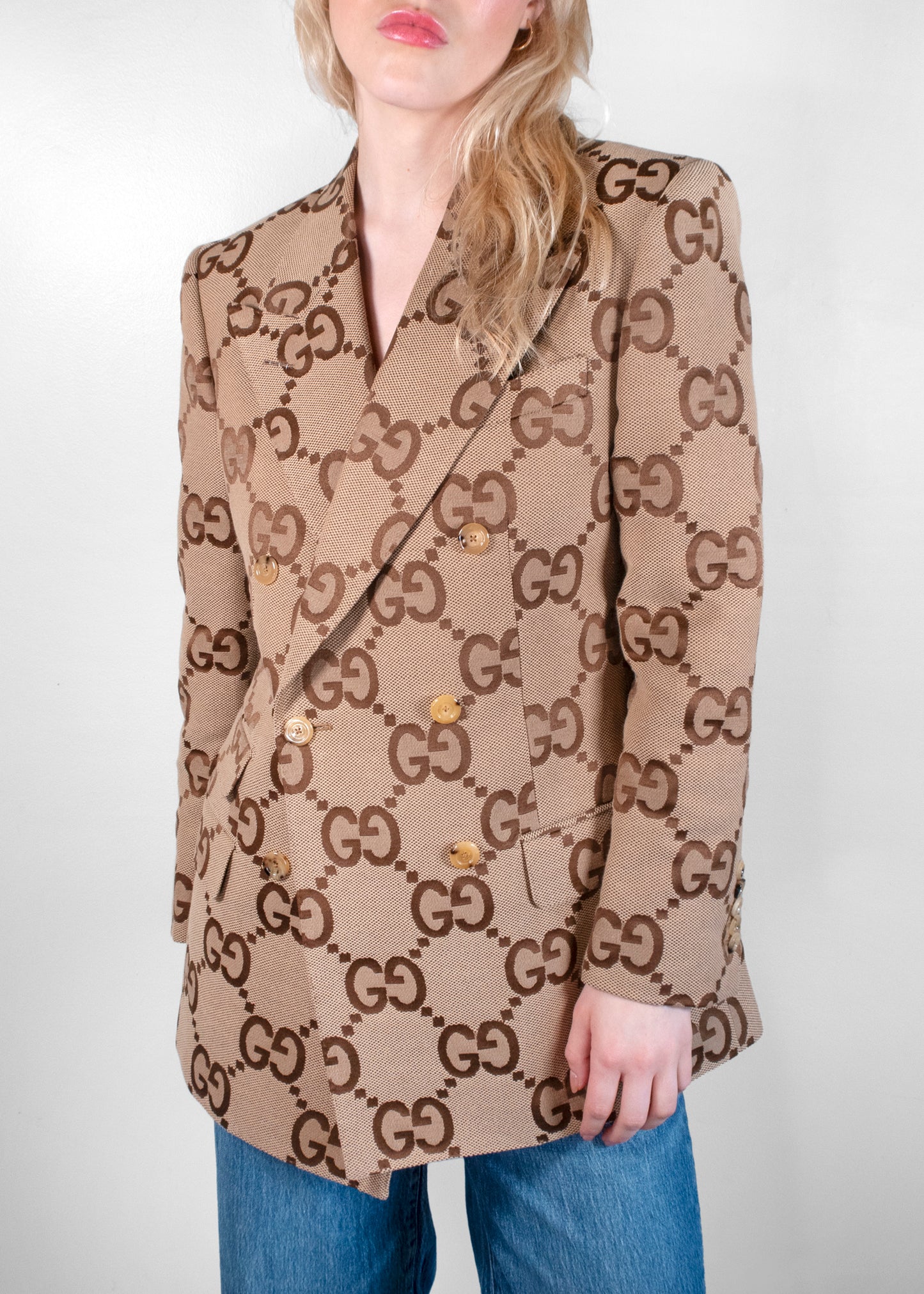 Gucci Brown 'GG' Canvas Double-Breasted Blazer