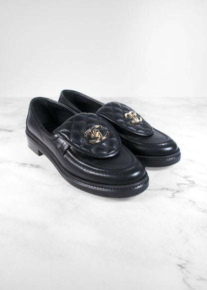 Chanel Black Quilted Leather CC Turnlock Loafers