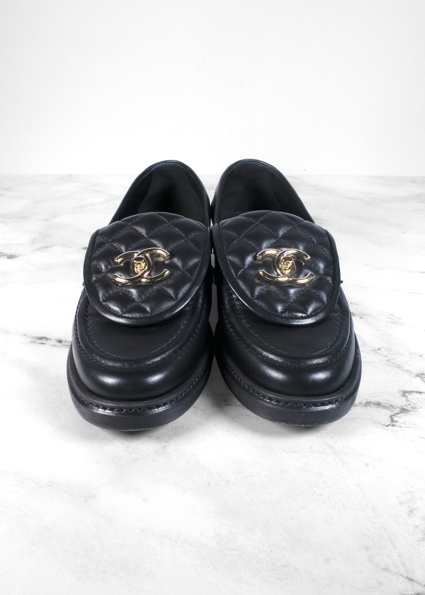 Chanel Black Quilted Leather CC Turnlock Loafers