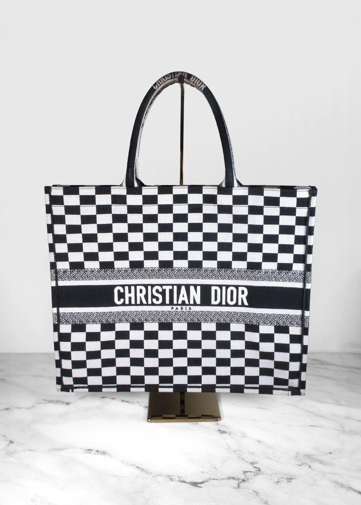 Dior Black & White Checkered Embroidered Canvas Large Book Tote