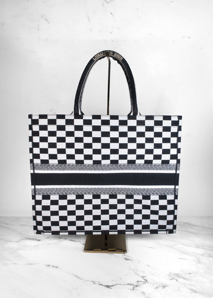 Dior Black & White Checkered Embroidered Canvas Large Book Tote