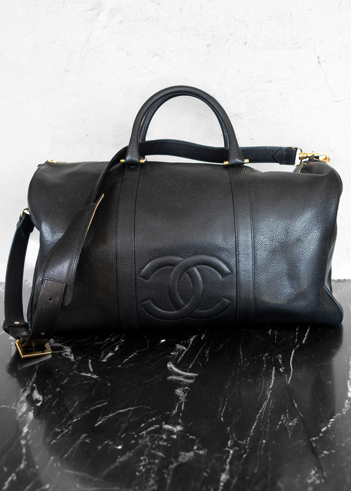 Chanel Boston Black CC Logo Caviar Leather Boston Bag + Strap