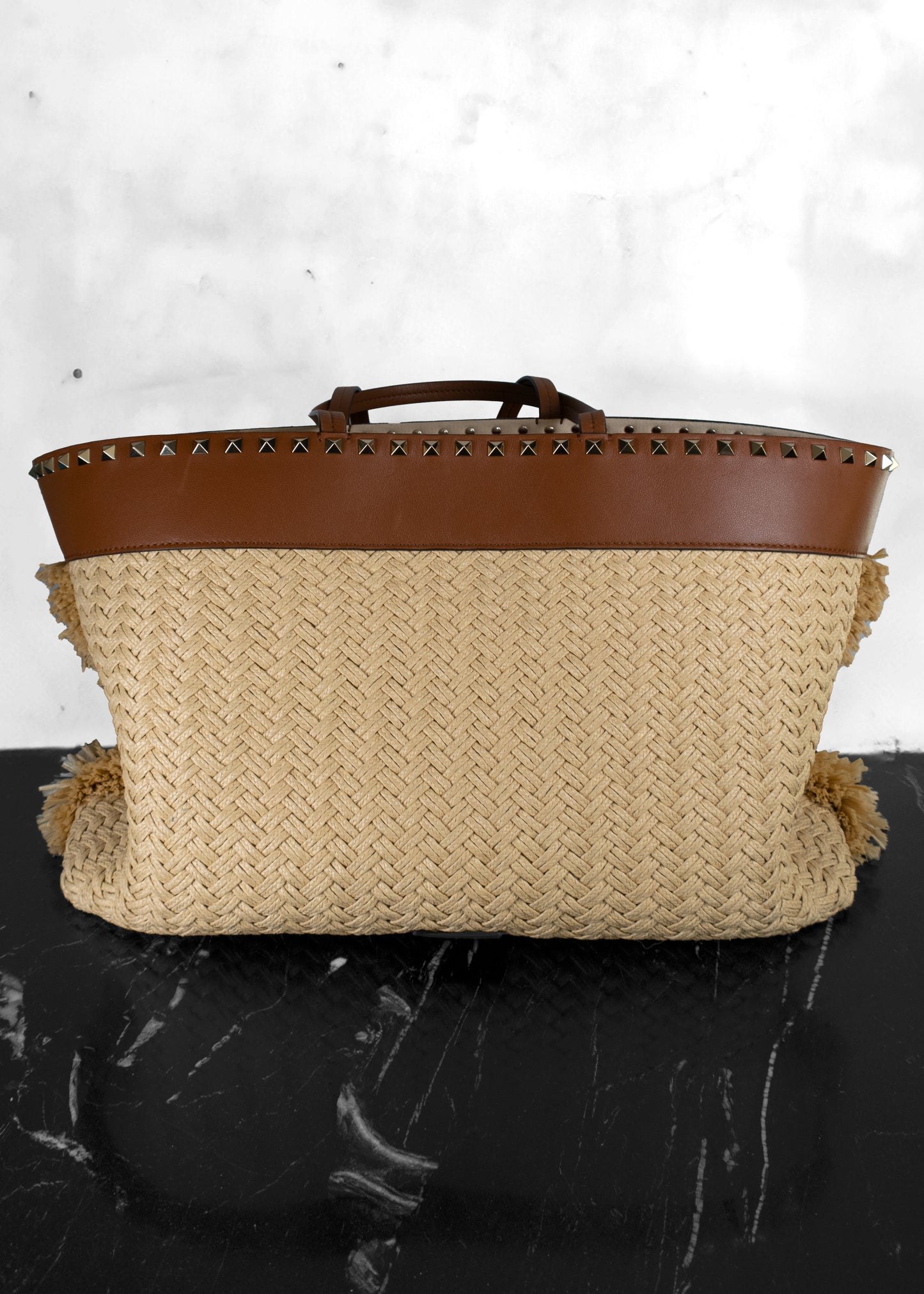 Valentino Garavani Raffia Calfskin Rockstud Shoulder Tote