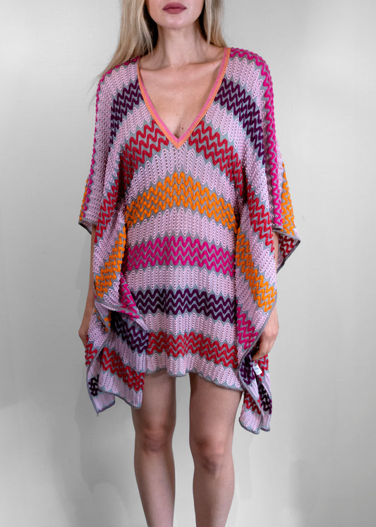 Missoni Pink Multicolor Crochet Knit Kaftan Tunic Cover-Up Dress