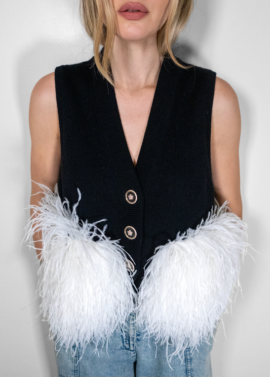 Chanel Black Cashmere & White Ostrich Feathers Vest
