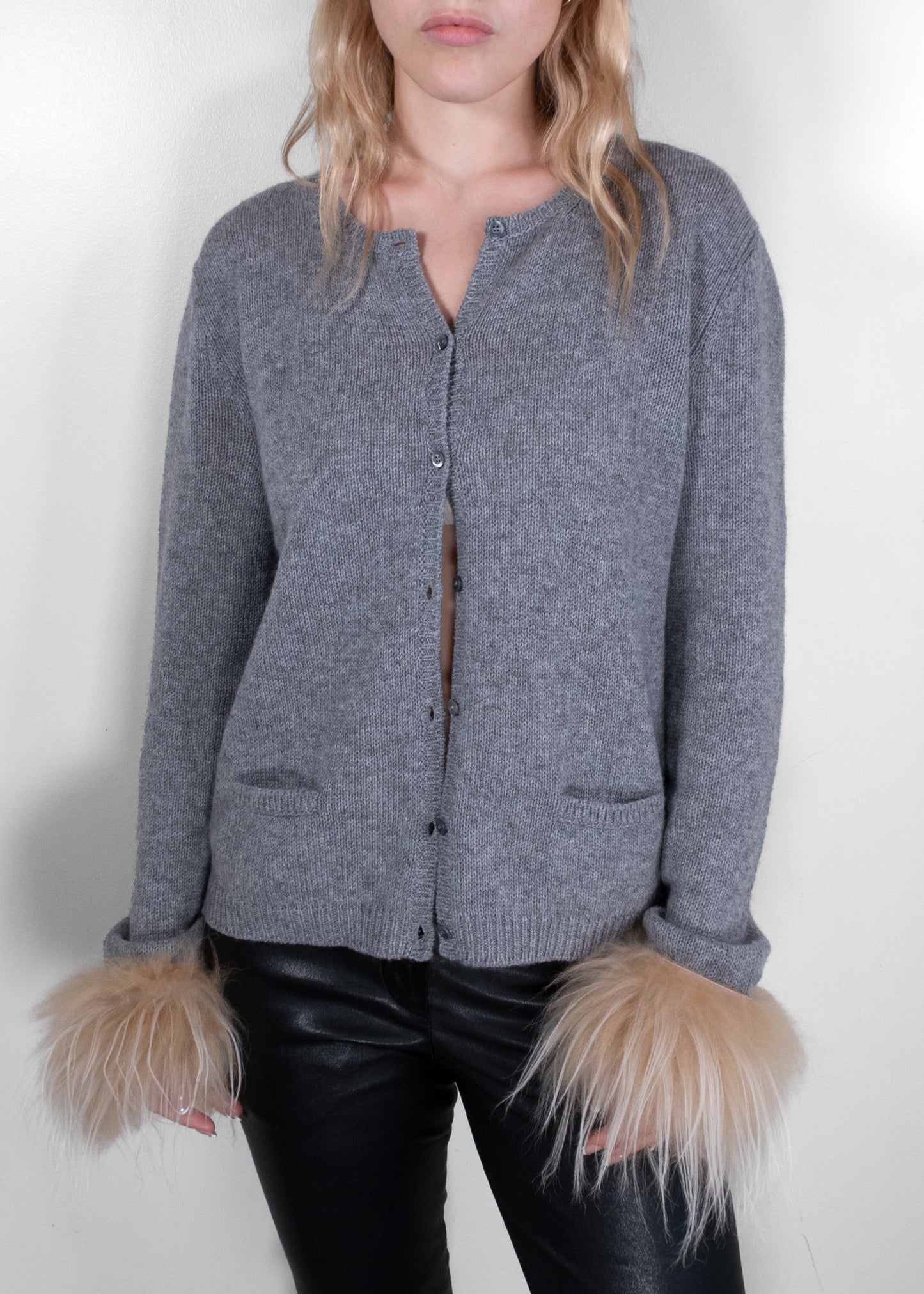 Prada Grey Cashmere Cardigan with Fur Cuffs