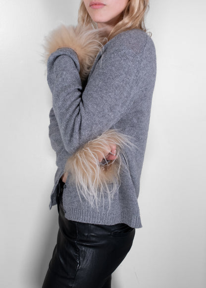 Prada Grey Cashmere Cardigan with Fur Cuffs