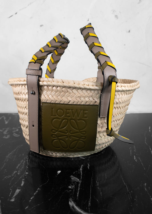 Loewe Raffia Braided Handle Olive Sand Small Basket Tote Bag