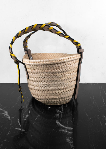 Loewe Raffia Braided Handle Olive Sand Small Basket Tote Bag