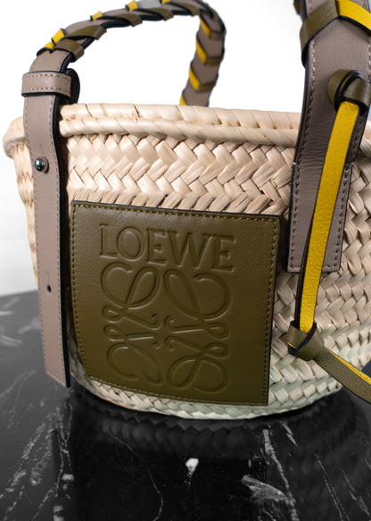 Loewe Raffia Braided Handle Olive Sand Small Basket Tote Bag