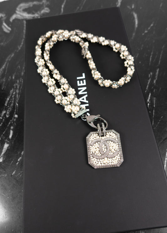 Chanel Pearl & Strass Lanvard CC Logo Pendant Necklace