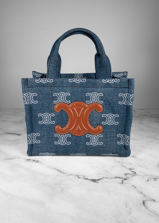 Celine Denim Calfskin Triomphe Print Handbag