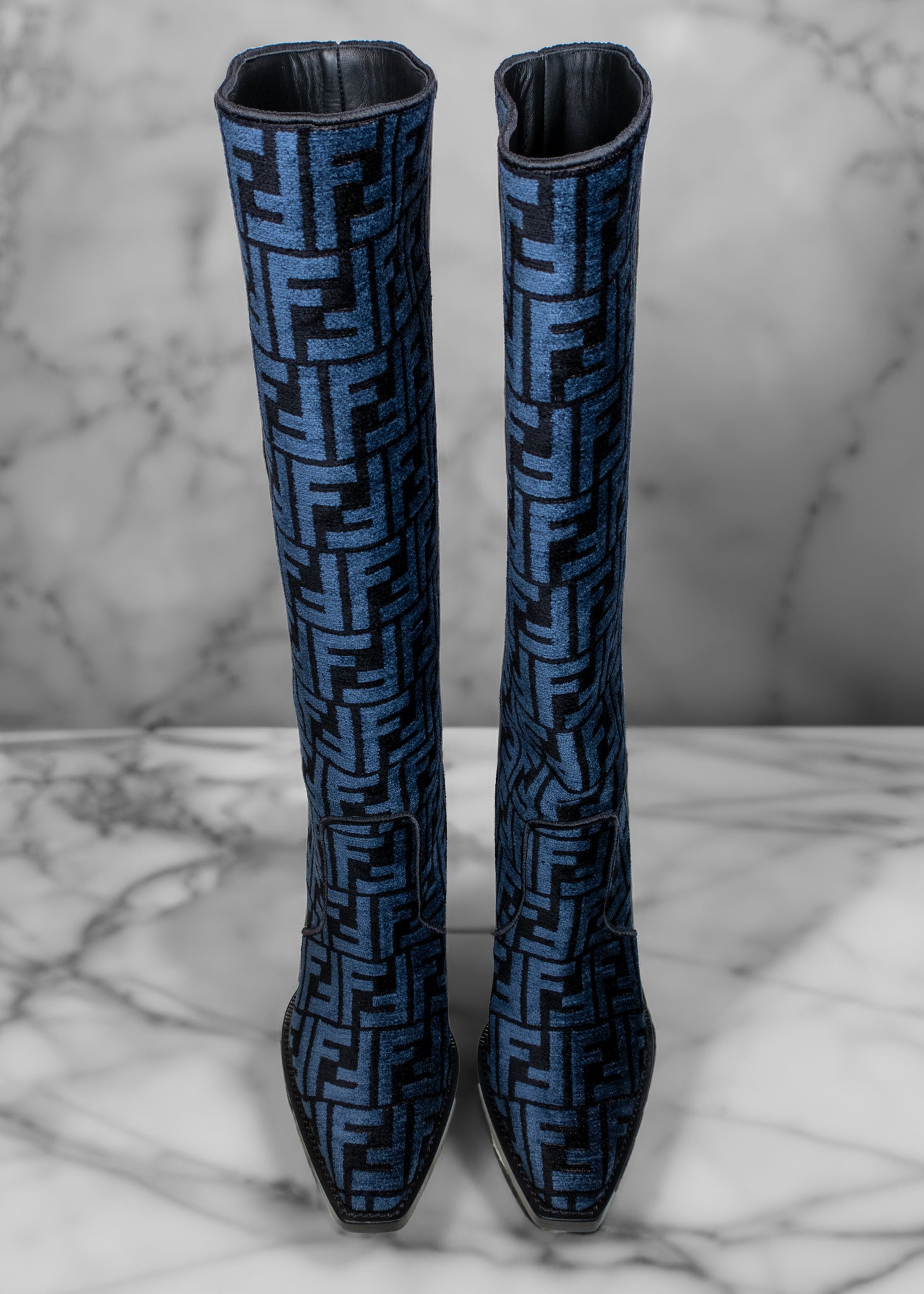 Fendi Blue and Black Jacquard Chenille Knee Length Boots Fashion Full Circle