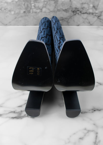 Fendi Blue and Black Jacquard Chenille Knee Length Boots