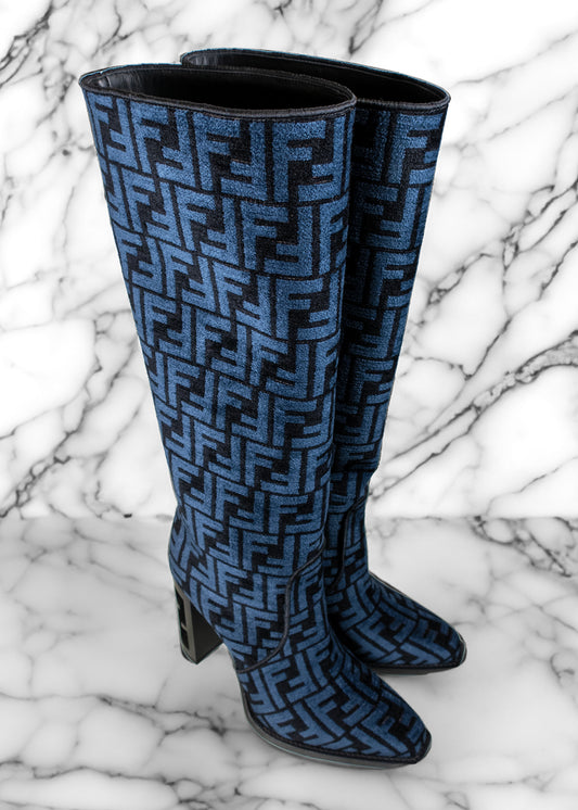 Fendi Blue and Black Jacquard Chenille Knee Length Boots