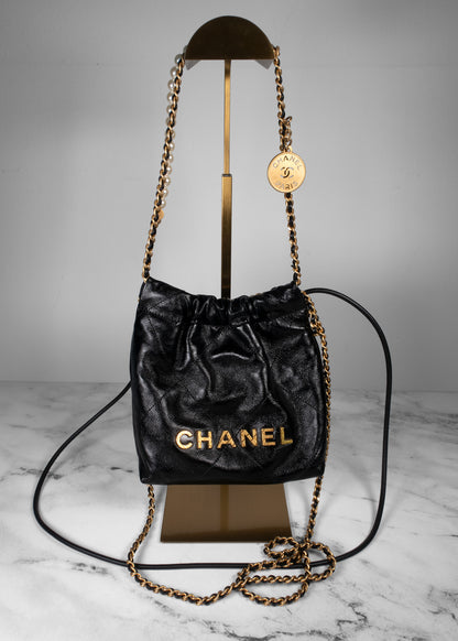 Chanel Shiny Crumpled Calfskin Quilted Pearl Mini Chanel 22 Black
