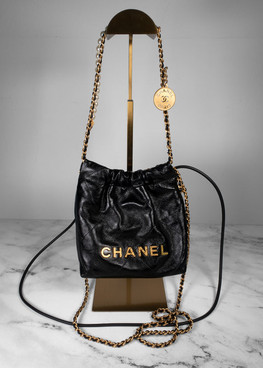 Chanel Shiny Crumpled Calfskin Quilted Pearl Mini Chanel 22 Black