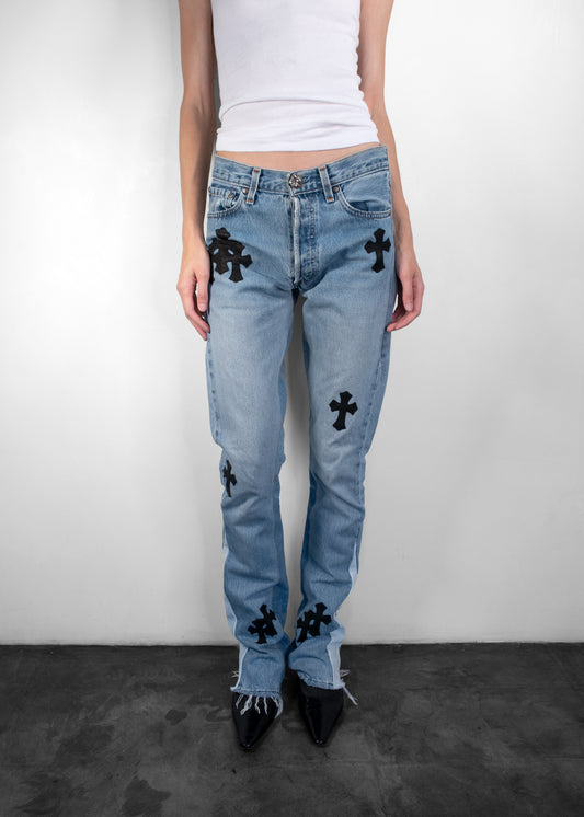 Chrome Hearts Maltese Cross Patchwork Wide Leg Jeans