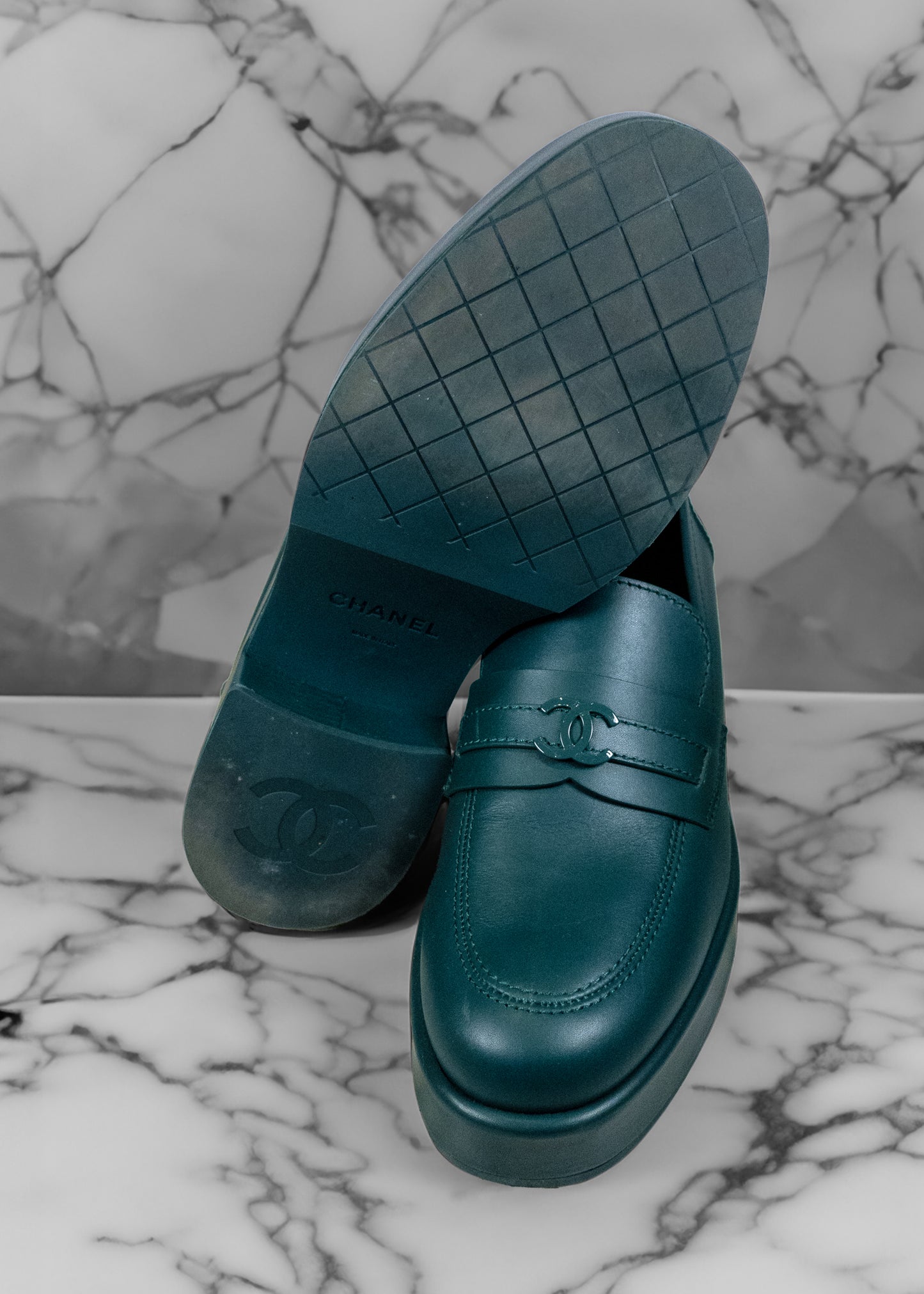 Chanel Dark Green Leather CC Platform Loafers