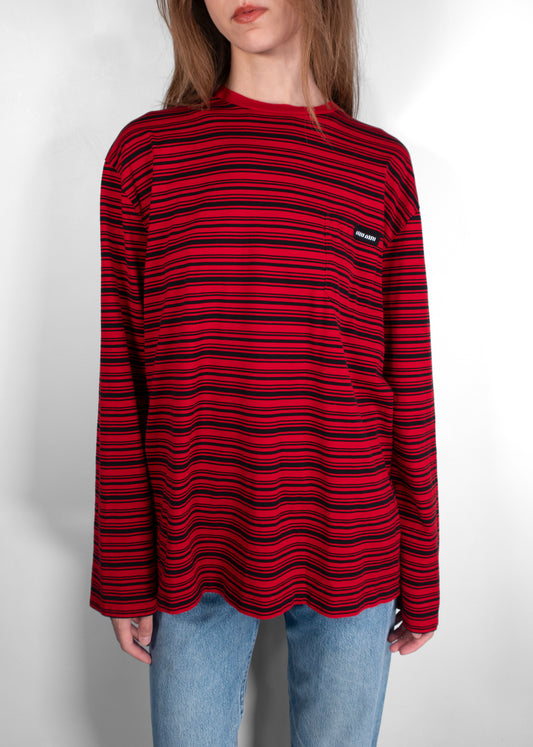 Miu Miu Red/black Long-sleeved Cotton Jersey T-shirt