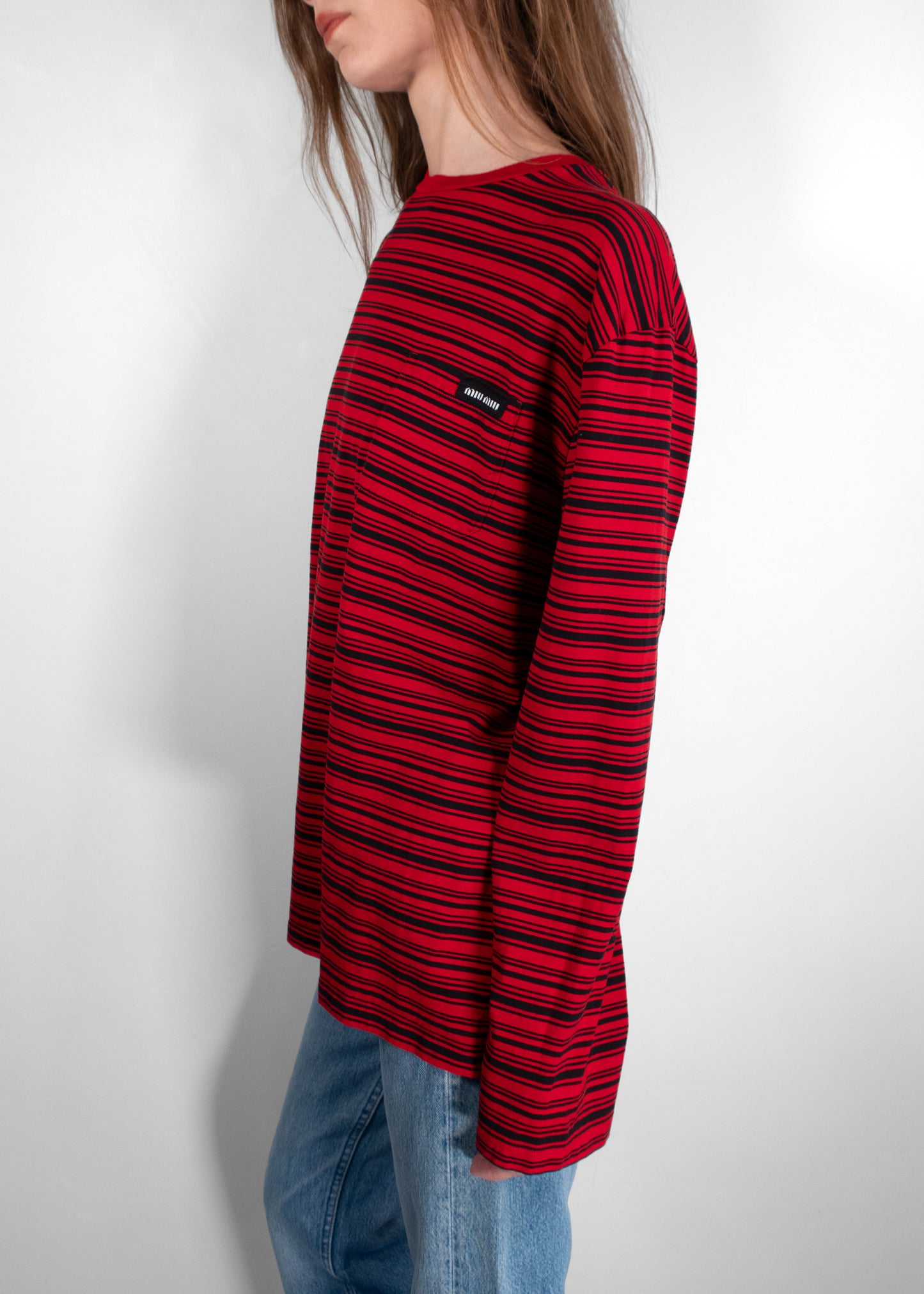 Miu Miu Red/black Long-sleeved Cotton Jersey T-shirt